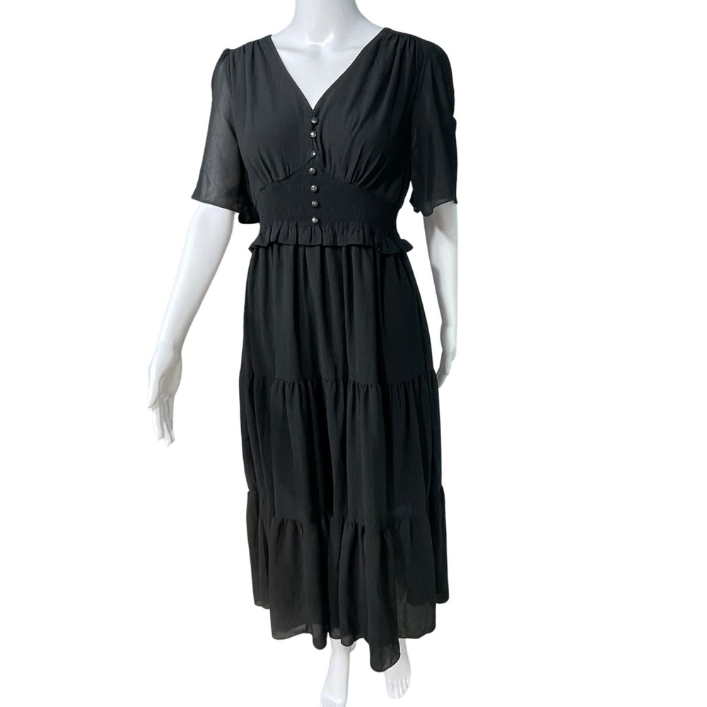 Black Tiered Midi Graduation Smocked Dress Peasant Whimsigoth Size M NEW
